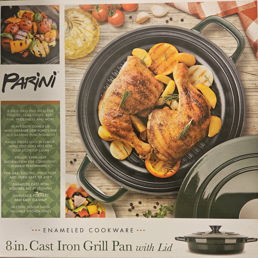 BRAND NEW IN THE BOX Green Enameled Cast Iron Grill Pan with Lid